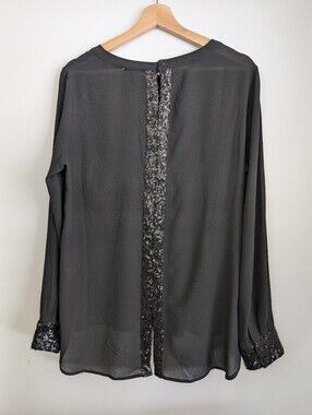 Covet Large Semi-Sheer Top Long Sleeve Sequin Flowy Shirt Long Stretchy Blouse